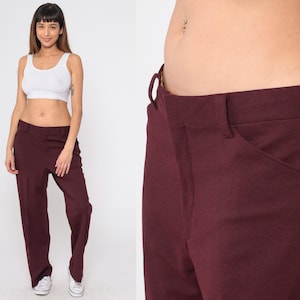70s Straight Leg Pants 1970s Burgundy Trousers Boho Hippie High Rise Pants Vintage Seventies Creased Men&#39;s 36 Medium Large