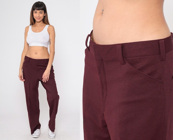 70s Straight Leg Pants 1970s Burgundy Trousers Boho Hippie High Rise Pants Vintage Seventies Creased Men's 36 Medium Large