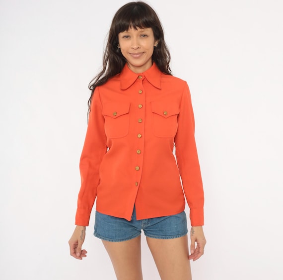 70s Orange Shirt Ellen Tracy Gold Accent Blouse Pointed Collar Chest Pocket Top Belted Waist Rust Copper Amber Western Yoke Vintage Small S