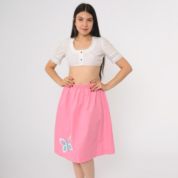 80s Butterfly Skirt Hot Pink Applique Elastic Waist A-Line Midi Cotton Polyester Neon Bright Summer Festival Dance Fashion Large L