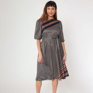 70s 80s Striped Midi Dress Puff Sleeve Dress Belted High Waisted 1980s Vintage Black Burnt Orange Short Sleeve Small S