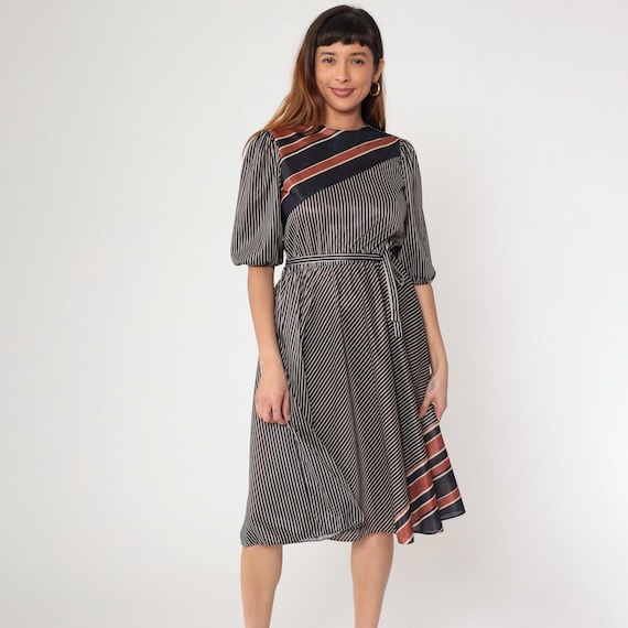 70s 80s Striped Midi Dress Puff Sleeve Dress Belted High Waisted 1980s Vintage Black Burnt Orange Short Sleeve Small S