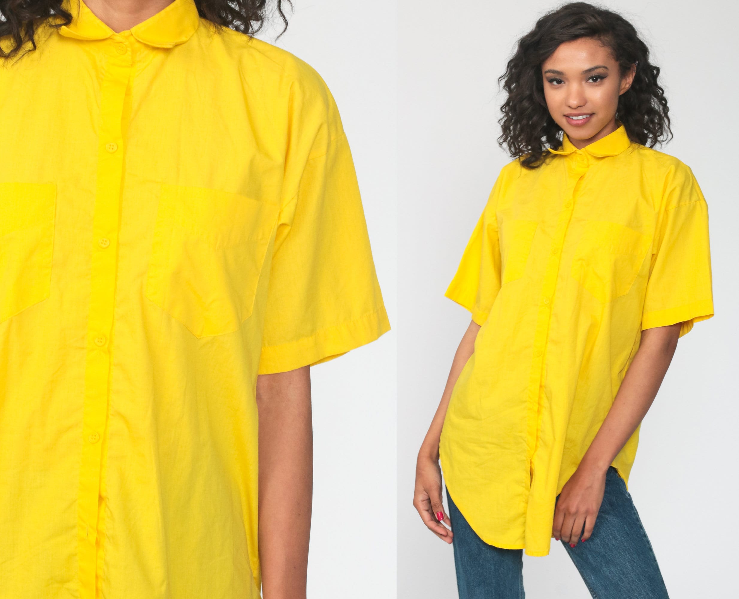 yellow button up blouse
