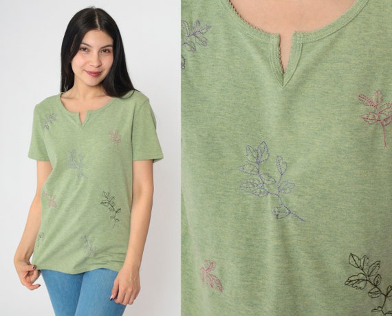 Y2K Leaf Print T-Shirt Embroidered Green Top Split Neck Short Sleeve Vintage 2000s Nature Tee 00s Short Sleeve Small S