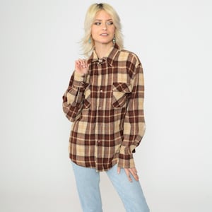 90s Plaid Shirt Wool Blend Button Up Shirt Field Shirt Brown Tan Lumberjack Long Sleeve Vintage 1990s Men&#39;s Large 16-16 /2
