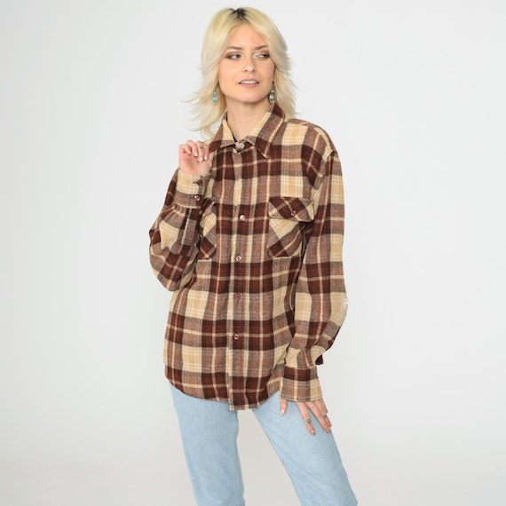 90s Plaid Shirt Wool Blend Button Up Shirt Field Shirt Brown Tan Lumberjack Long Sleeve Vintage 1990s Men's Large 16-16 /2