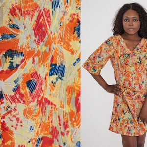 Robe psychédélique des années 70 Babydoll Mod Mini robe taille Empire Boho 3/4 cloche manches Hippie vintage col en V des années 1970 Boho Orange moyen grand