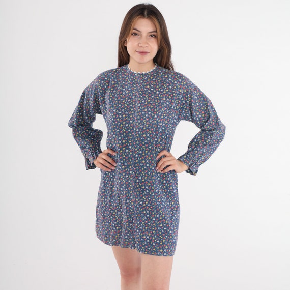 70s Mini Dress Blue Floral Shift Mod Hippie 60s Boho Calico Print Flower Child Gogo Vintage 1970s Long sleeve Go Go Bohemian Small S