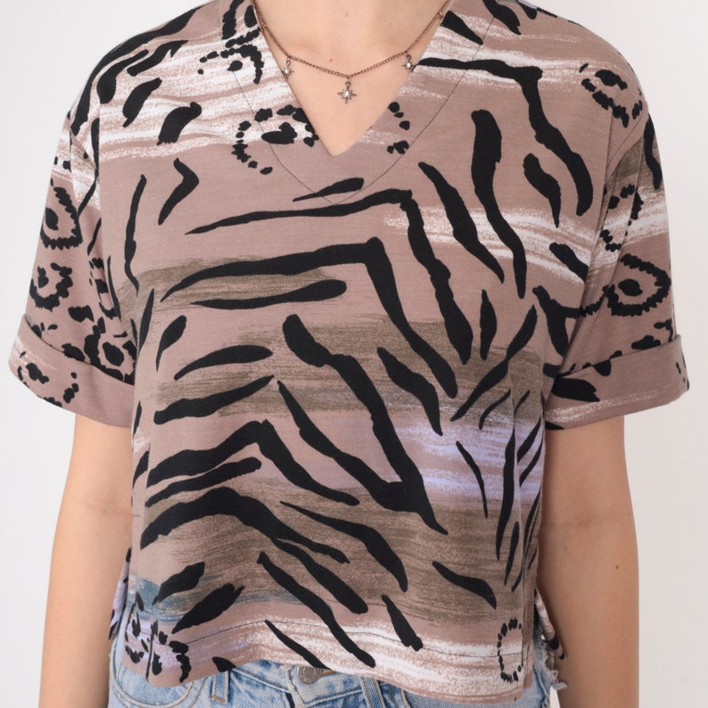 90s Animal Print Tshirt Abstract Tiger Stripe Top Short Cuffed Sleeve Blouse V Neck Black Taupe Retro Vintage 1990s Petite Small S image 6