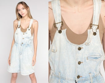 Acid Wash Denim Shortalls 90s Overall Shorts Bib Suspender Light Blue Jean Button up Romper Pleated Shorts Vintage 1990s London Medium M