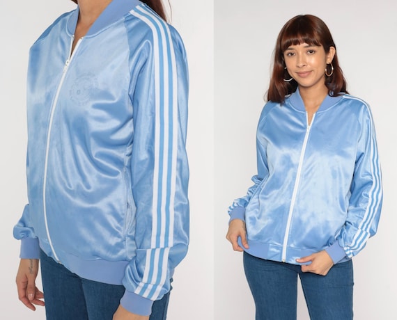 80s Track Jacket Baby Blue Striped Zip Up Bomber Retro Warmup Streetwear Athletic Sporty Raglan Sleeve Vintage 1980s Medium M