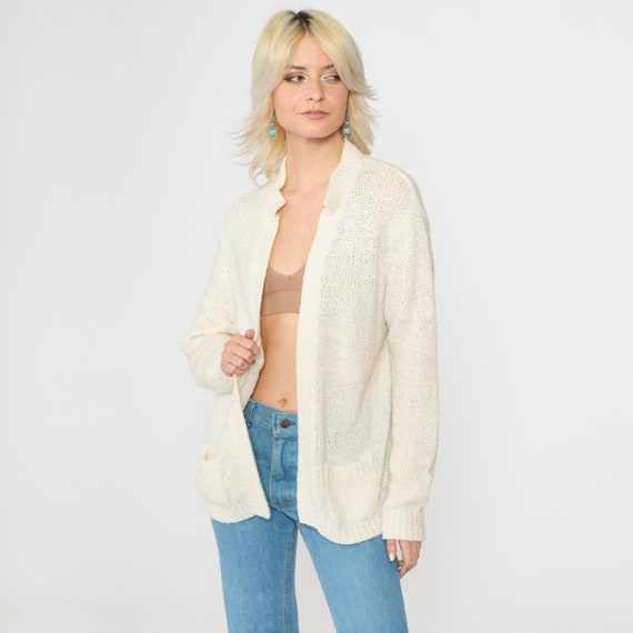 Vintage Cream Wrap Cardigan 70s Open Front Knit Sweater Slouchy Pockets Hippie Retro Bohemian Plain 1970s Large L
