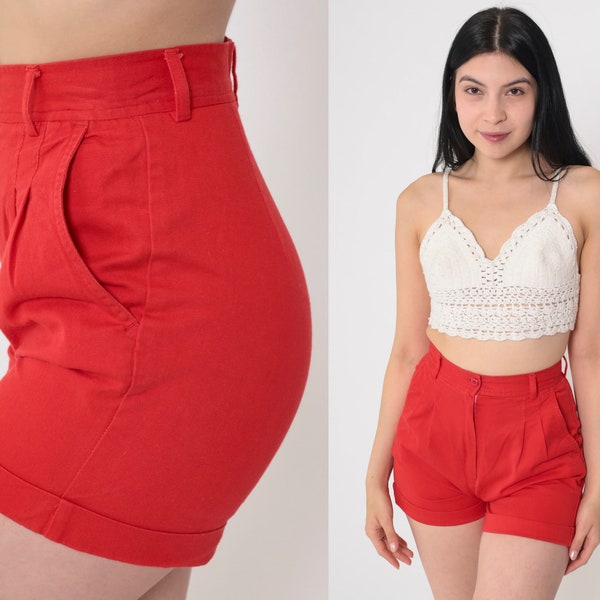 Red Pleated Shorts 80s High Waisted Mom Shorts Pleated Cotton Short Shorts Retro Basic Cuffed Summer Plain Vintage 1980s Extra Small xs 24