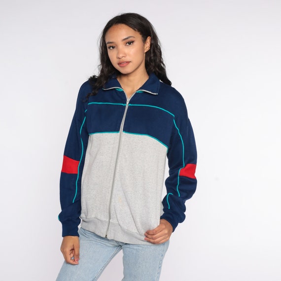 Zip Up Sweatshirt Track Jacket 80s Color Black Jacket Grey Blue Warmup 1980s Warm Up Athletic Sports Vintage Medium