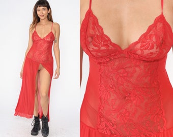 Red Lace Nightgown Y2K High Front Slit Slip Dress Maxi Lace Lingerie Vintage 00s Lettuce Edge Hem Spaghetti Strap Drop Waist Medium