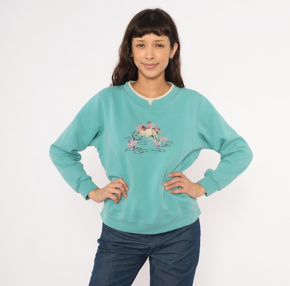Embroidered Wheelbarrow Floral Sweatshirt 90s Teal Garden Scene Cottagecore Pullover Cotton Sage Green Cozy Flower Sweater Vintage Medium M