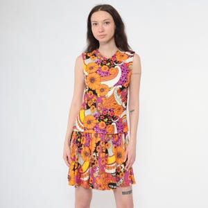 Vintage Mod Floral Dress 60s Psychedelic Flower Power Scooter Mini Drop Waist 1960s Twiggy Sleeveless Sixties Orange Purple Small xs