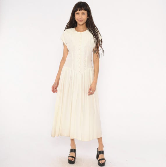 Soutache Embroidered Dress 90s Cream Button Front Cap Sleeve Drop Waist Pleated Maxi Ivory  Fitted Bodice Off White Vintage Medium M