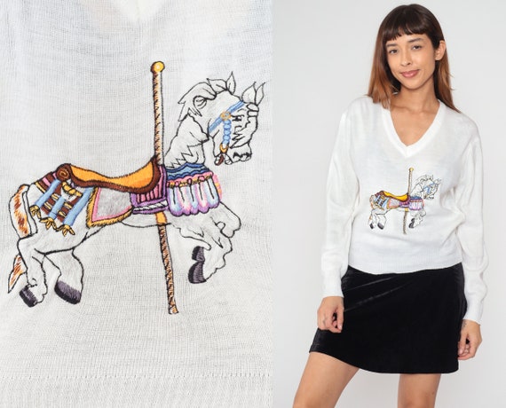 Carousel Horse Sweater 70s White Embroidered Knit… - image 1
