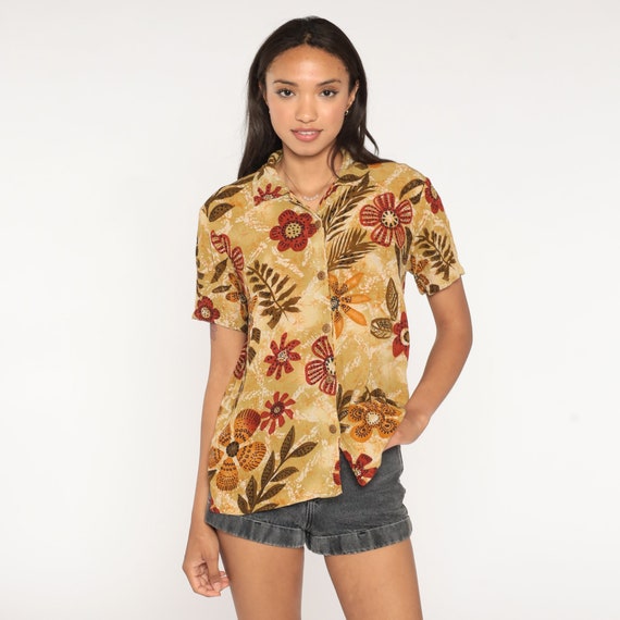 Floral Blouse 80s 90s Brown Tropical Shirt Short Sleeve Shirt Button Up Top Botanical Flower Print Bohemian Vintage Medium