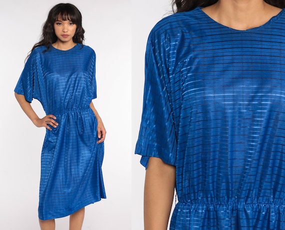70s Midi Dress Royal Blue Dress Short Sleeve Dres… - image 1