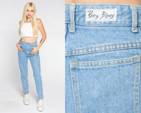 90s Jeans Paris Blues Tapered Mom Jeans High Waisted Rise Slim Denim Pants Retro Blue Basic Plain Streetwear Vintage 1990s Extra Small xs 25
