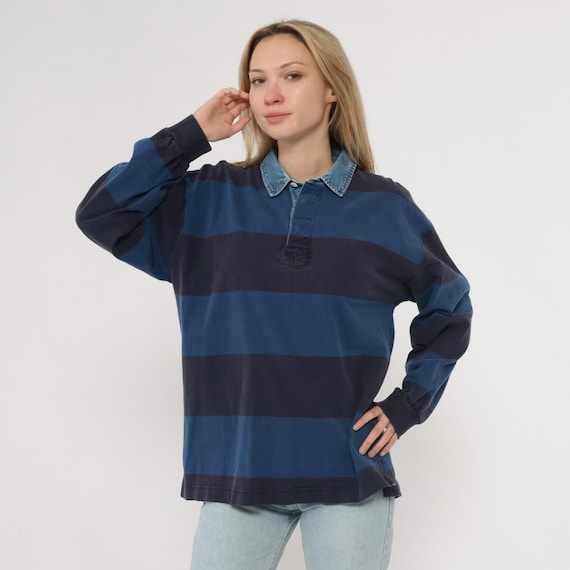 90s Rugby Shirt Navy Blue Horizontal Striped Denim Collar Cotton Button Front Long Sleeve Grunge Collegiate Preppy Casual Nerdcore Medium M