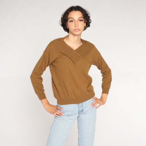 Brown Wool Sweater Y2K Knit Pullover Sweater V Neck Shawl Collar Basic Plain Minimalist Knitwear Cozy Jumper Simple Fall Vintage 00s Small S