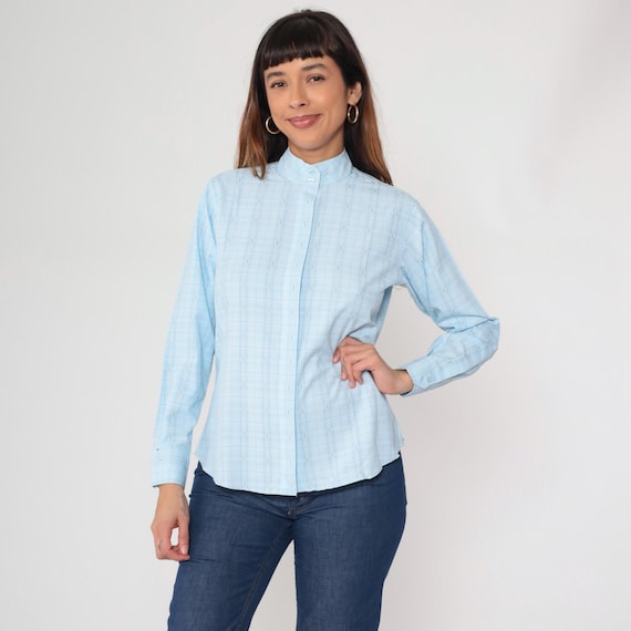 Baby Blue Blouse 80s Mandarin Collar Powder Blue Windowpane Check Gold Pattern Preppy Vintage Light Academia Office Wear Uniform Size 14 L