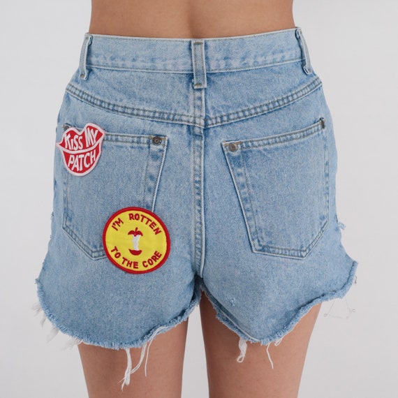 90s Jean Shorts Cuffed Denim Shorts Retro Mid Rise Cutoffs Patches Lips Kiss My Patch Boho Summer Festival Bill Blass Vintage 1990s Small 26