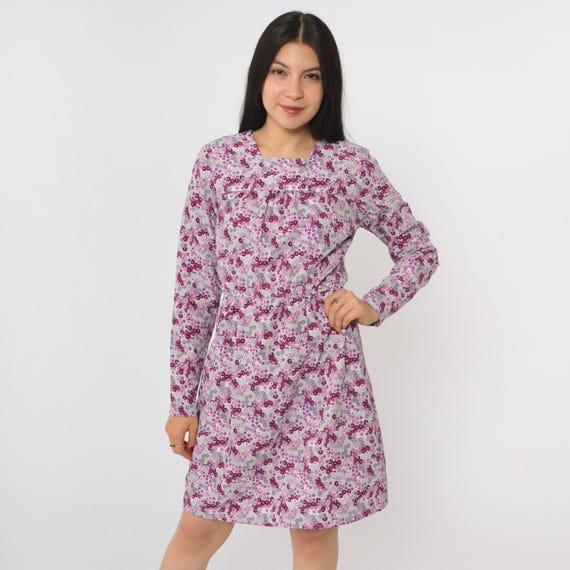 70s Purple Floral Mini Dress Abstract Print Mod High Waist Long Sleeve Geometric 1970s Vintage Boho Hippie Square Neck Medium M