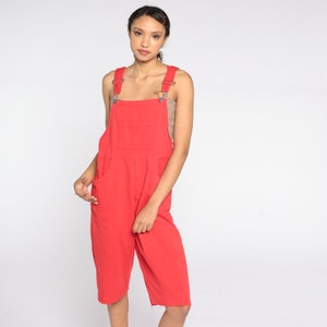 Overall Shortalls 90s Red Cotton Dungarees Bib Overalls Retro Vintage 1990s Cutoff Frayed Workwear Capri Large