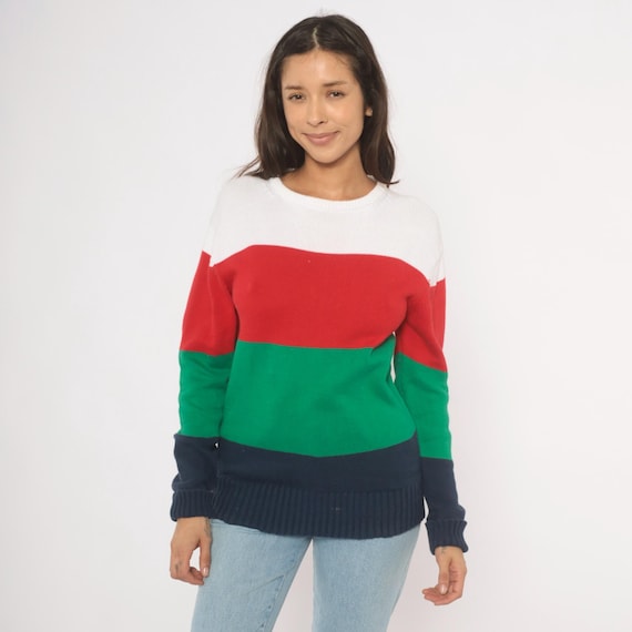 Color Block Knit Sweater Navy Green Red White Pullover Striped Collegiate Preppy Vintage 90s Colorful Streetwear Nerdcore Winter Medium M