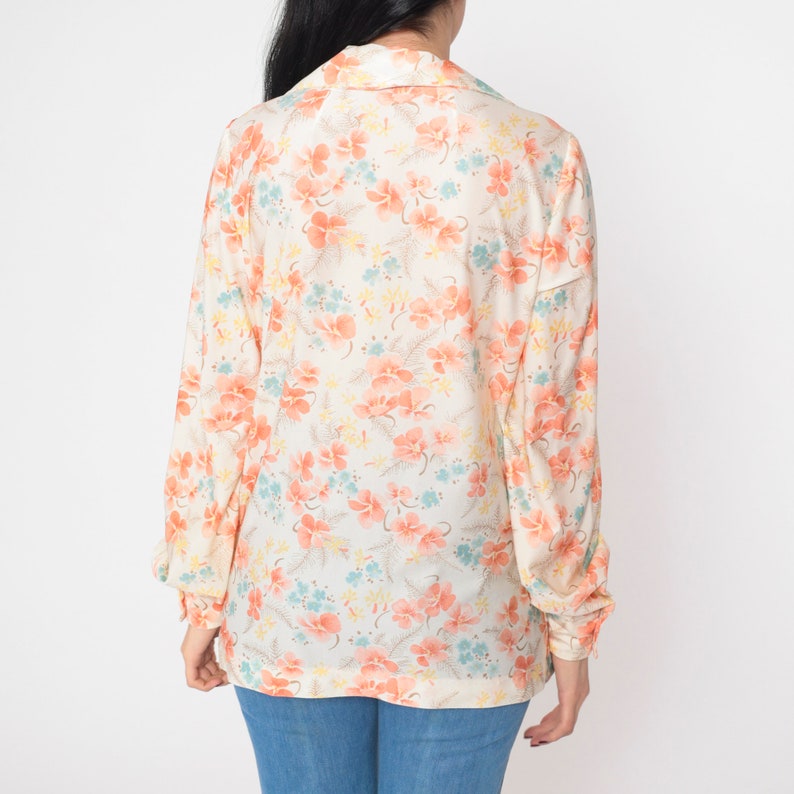 Floral Blouse 70s Boho Disco Shirt Button Up Top Collared Bohemian Long Sleeve Retro Off-White Orange Orchid Flower Vintage 1970s Medium M image 6