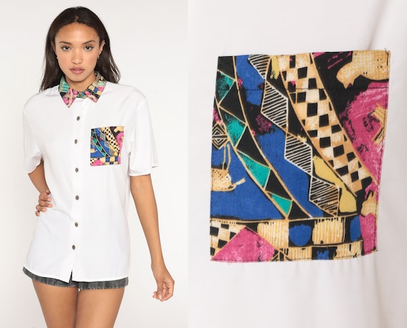 Geometric Button Up Shirt 90s Shirt White Pocket Shirt Short Sleeve Vintage 1990s Rayon Contrast Collar Top Large L