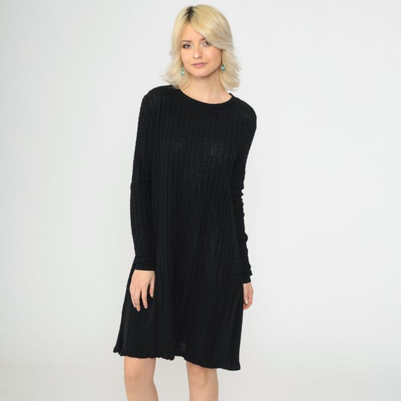 Black Sweater Dress 90s Ribbed Knit Cotton Blend Long Sleeve Midi Dress Crewneck Loose Fit Scalloped Hem Simple Minimal Casual Slouchy Large