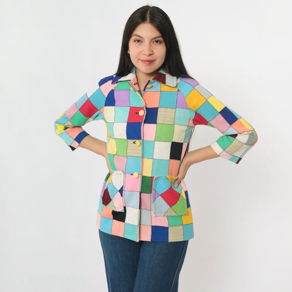 Vintage Patchwork Jacket 70s Bright Multicolor Sq… - image 4