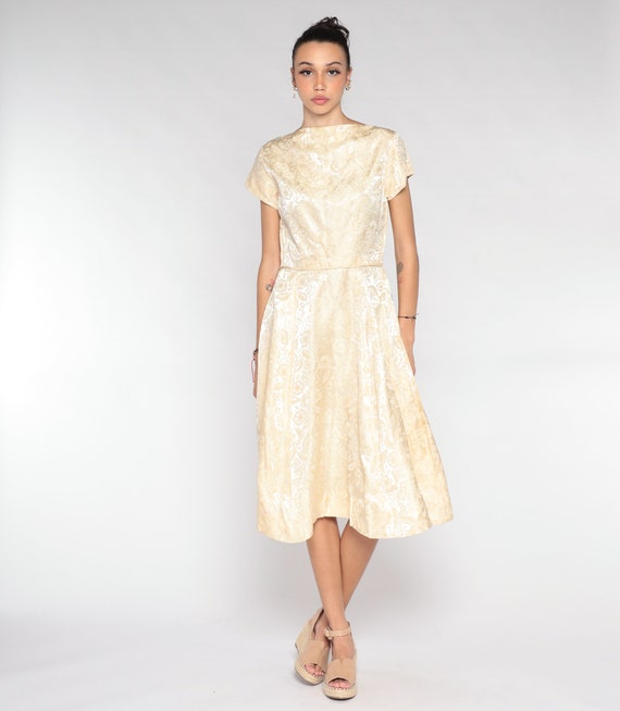 60s Party Dress Cream Brocade Floral Print Dress Retro Mad Men Midi Fit and Flare High Waist Cocktail Dress Cap sleeve Vintage 1960s Small S