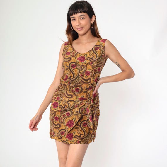 90s Floral Silk Dress Wrap Skirt Knot Waist Mini Sundress Gold Paisley Hippie Sun Dress 1990s Vintage Sheath Boho Sleeveless Summer Medium 8