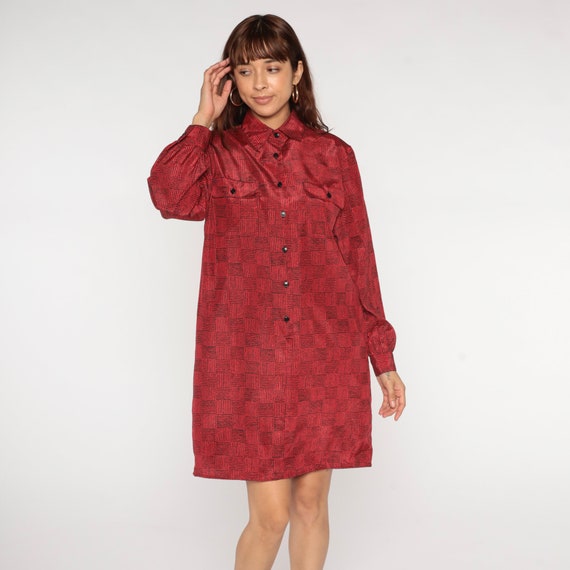 Checkered Mini Dress 80s Red Button Up Shirtdress Retro Secretary Checker Print Black 1980s Long Sleeve Shift Collared Medium M 8