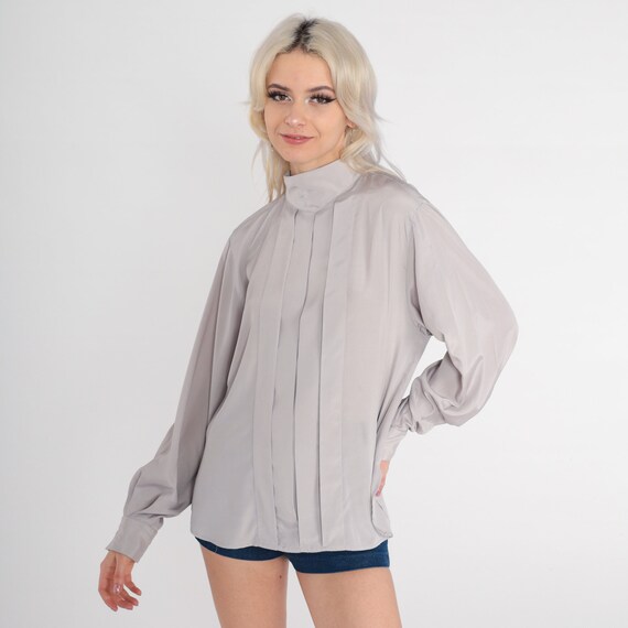 80s Christian Dior Blouse -- Grey Top Mock Neck Shirt 1980s Pleated Blouse Long Sleeve Vintage Secretary Shirt Draped Plain Medium 10