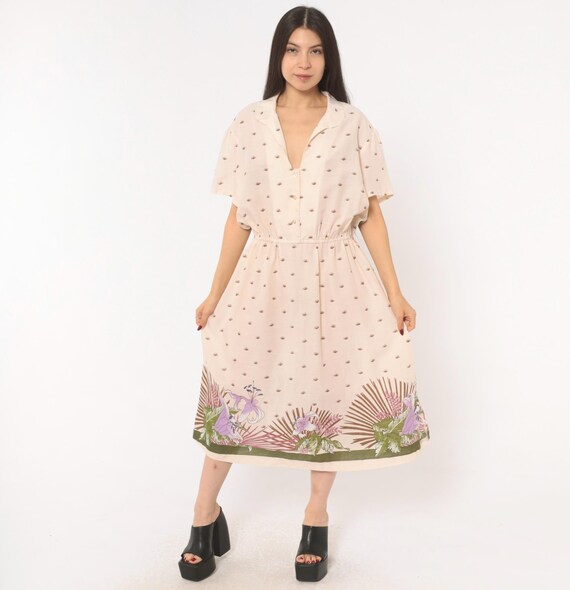 80s Tropical Border Print Dress Cream Cotton Button Front V Neck Palm Leaf Floral Blush Pink Olive Green Jenny Wren Summer Extra Large XL