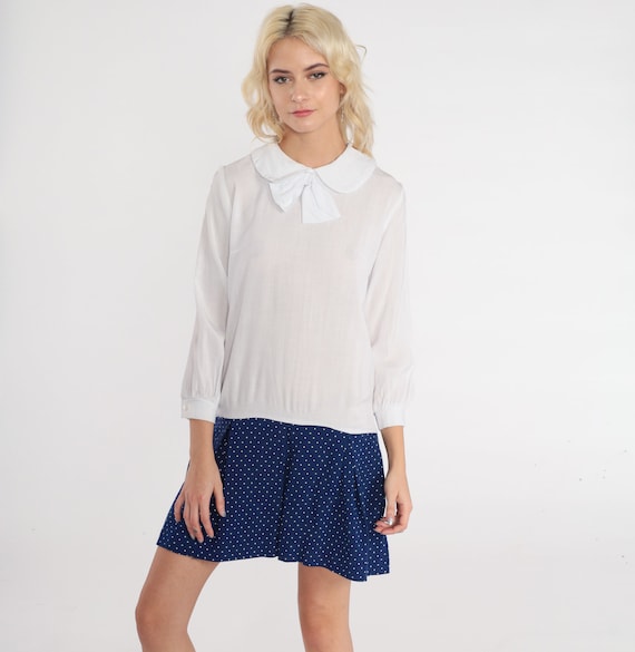 60s Scooter Dress Peter Pan Collar Mod Mini Dress Drop Waist Dress White Blue Polka Dot Pleated Long Sleeve Vintage 1960s Extra Small xs