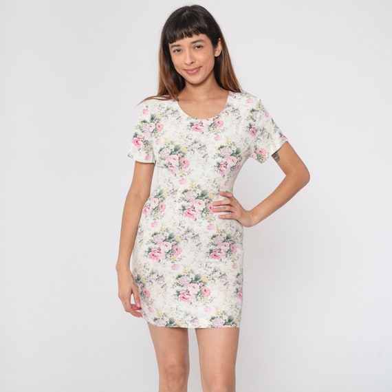 Cream Floral Dress 90s Mini Dress Short Sleeve Rose Flower Print Pencil Dress Princess Seam Sheath Garden Party Vintage 1990s Extra Small xs