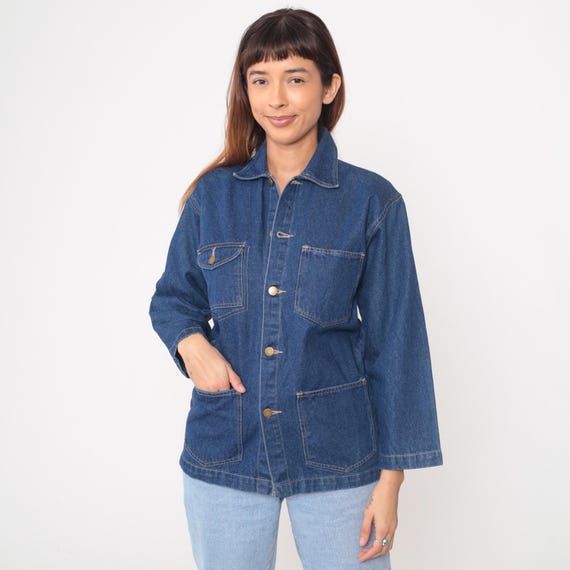 80s Denim Jacket Blue Cotton Work Shirt Chore Coat Vintage High Sierra Brass Buttons Classic Workwear Relaxed Unisex Collar Casual Small S