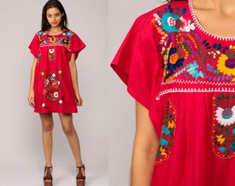 Embroidered Mexican Dress Hippie Boho Mini PEACOCK BIRD Ethnic Tent Bohemian Floral Cotton Tunic Red Festival Minidress Medium Large