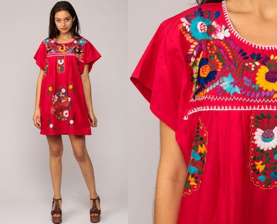 Embroidered Mexican Dress Hippie Boho Mini PEACOCK BIRD Ethnic Tent Bohemian Floral Cotton Tunic Red Festival Minidress Medium Large