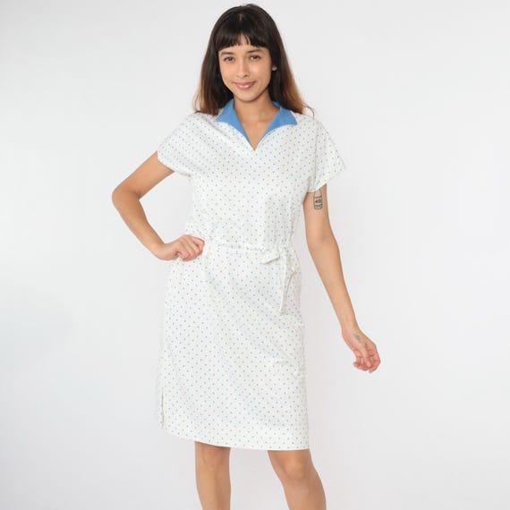 70s Midi Dress White Polka Dot Dress V Neck Dress 1970s Boho High Waisted Retro Vintage Cap Sleeve Polyester Bohemian Medium Large