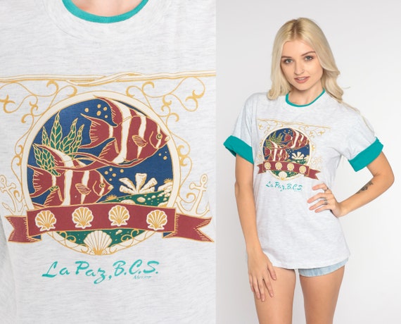 La Paz Shirt 90s Mexico T-Shirt Baja California Tshirt Tropical Fish Graphic Tee Tourist Green Cuffed Sleeve Vintage 1990s Small Medium