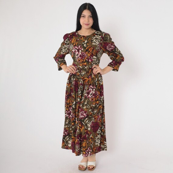 Olive Brown Floral Dress 80s 90s Puff Sleeve Ankle Length Dress High Basque Waist Flower Print Day Garden Party Vintage 1990s Medium M 8